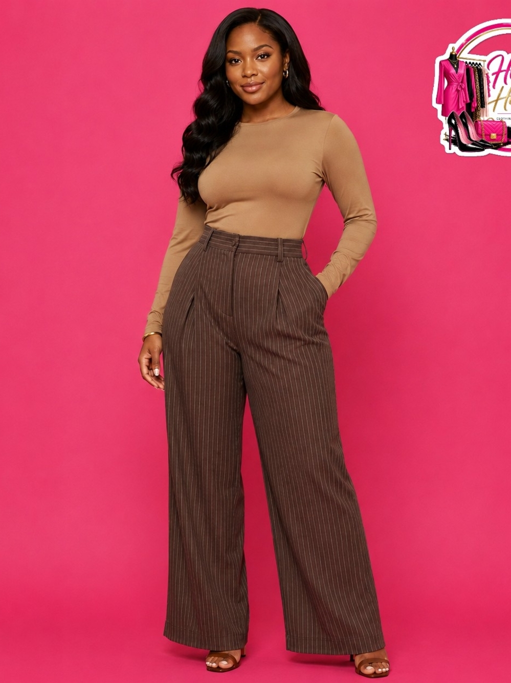 Wide Leg Pinstripe Pants in Brown